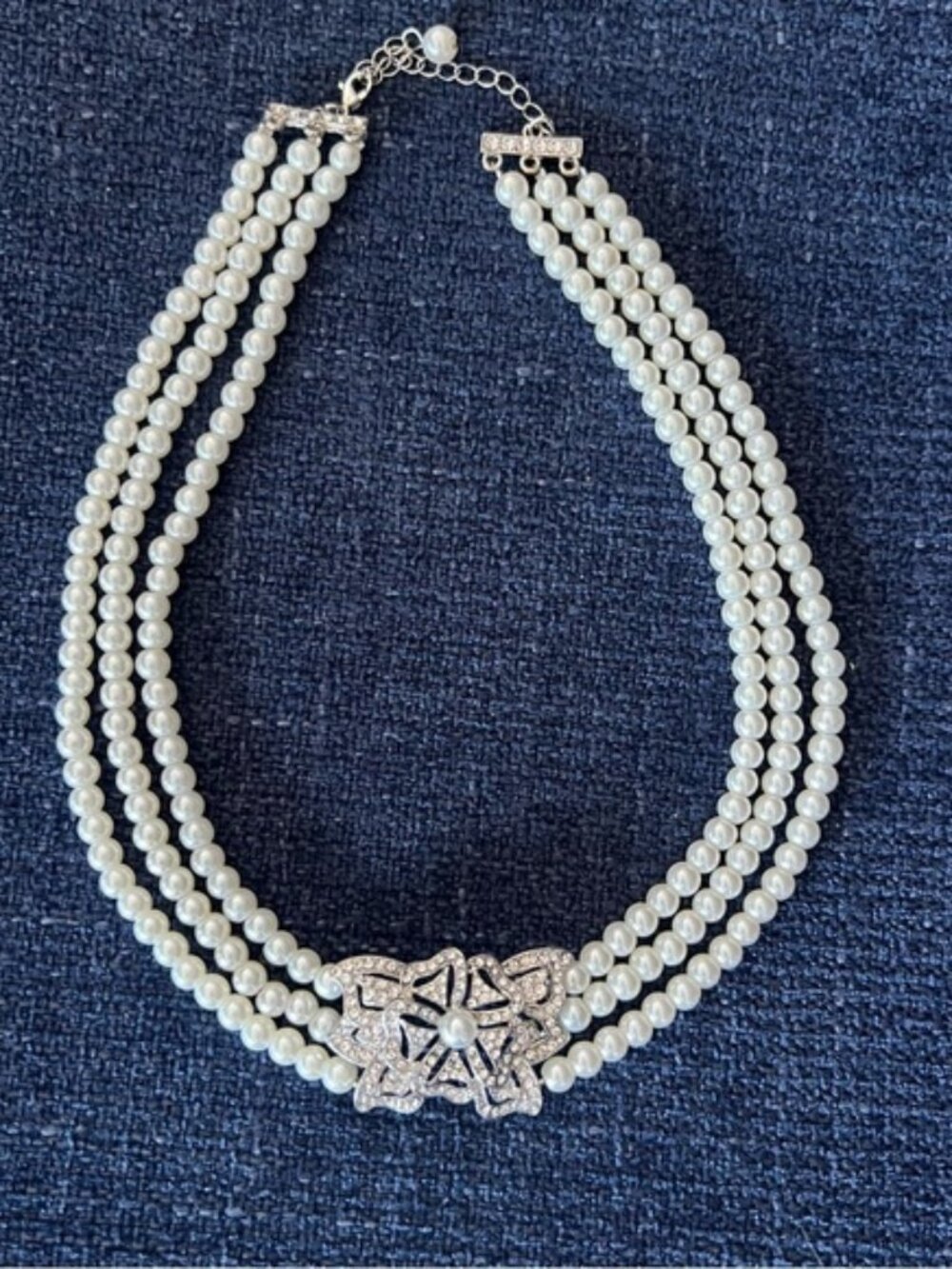 Triple Strand Faux Pearl Choker Necklace with Rhinestone Floral Clasp